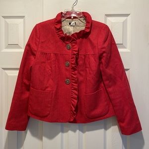 J. Crew Vintage Pink Herringbone Wool Blazer Jacket with Ruffle Trim